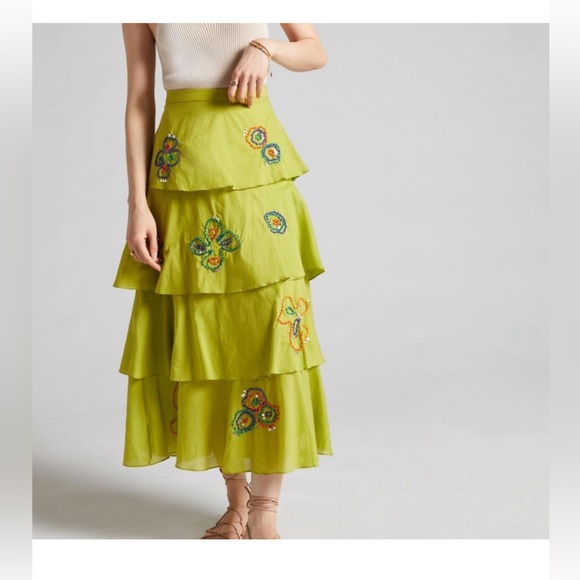 NET Anthropologie Roopa Pemmaraju green tiered embroidered midi skirt S - Picture 1 of 4
